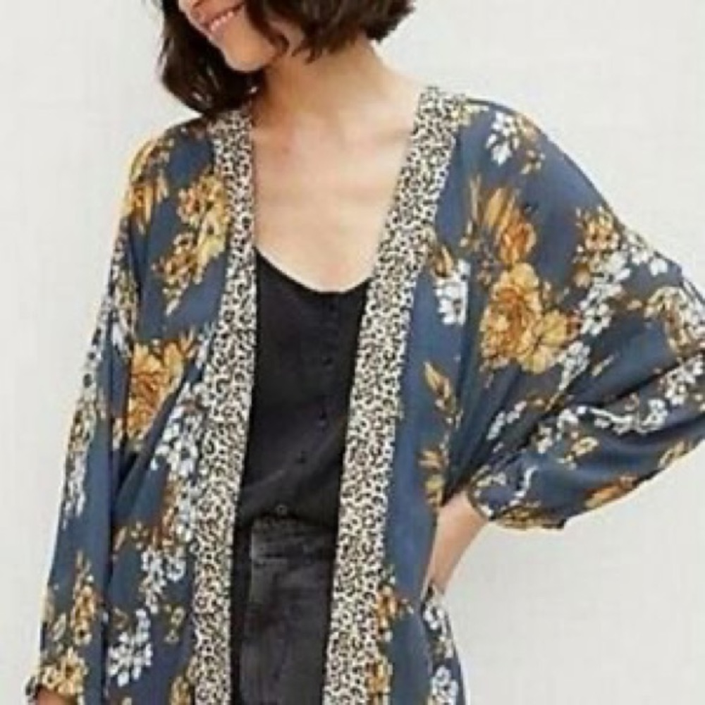 Anthropologie Floral & Leopard Trim Kimono